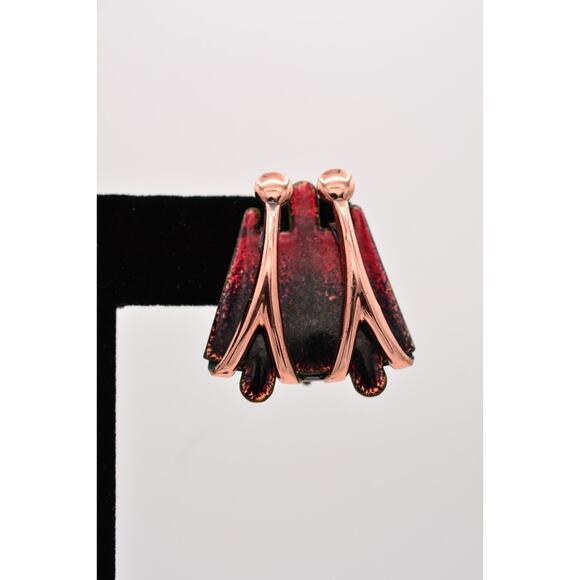 Matisse Renoir Vintage Copper Clip On Earrings Red Black Enamel Signed 60s BinZ - Picture 7 of 12